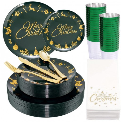 Set Navideño Verde Con Dorado Plástico "Merry Christmas" 42 Pza